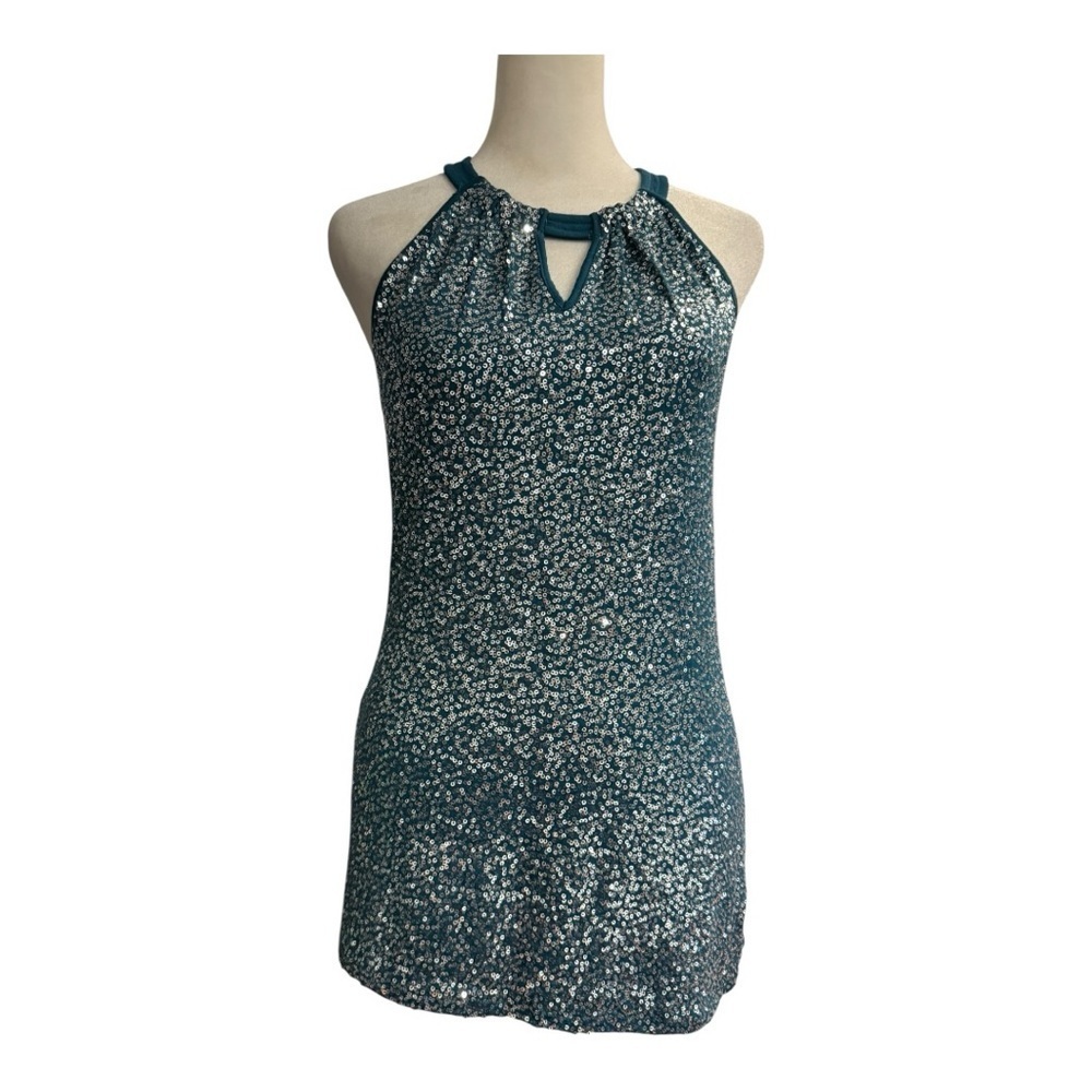 INC International Concepts Teal Sequin Halter Top Size M Keyhole Evening Blouse
